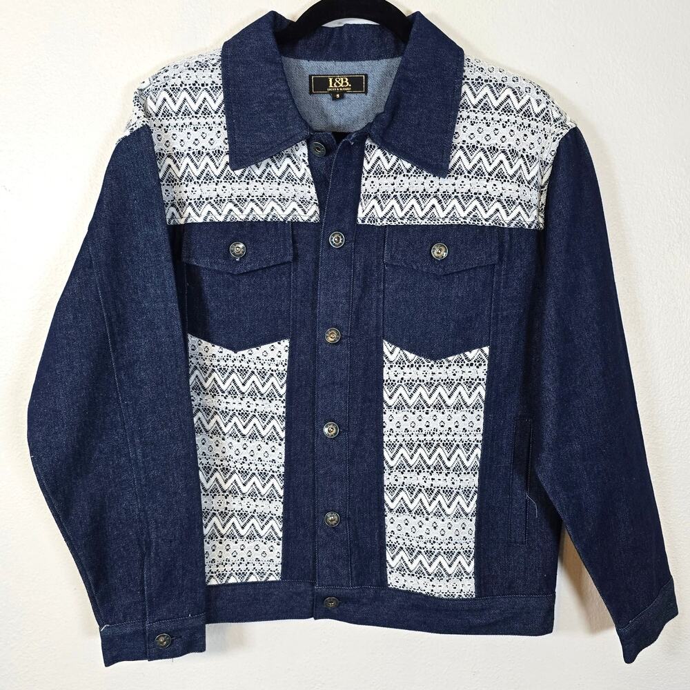 L&B Lucky & Blessed Denim Jacket Women's S Lace Trim Boho Granny Casual Cottage